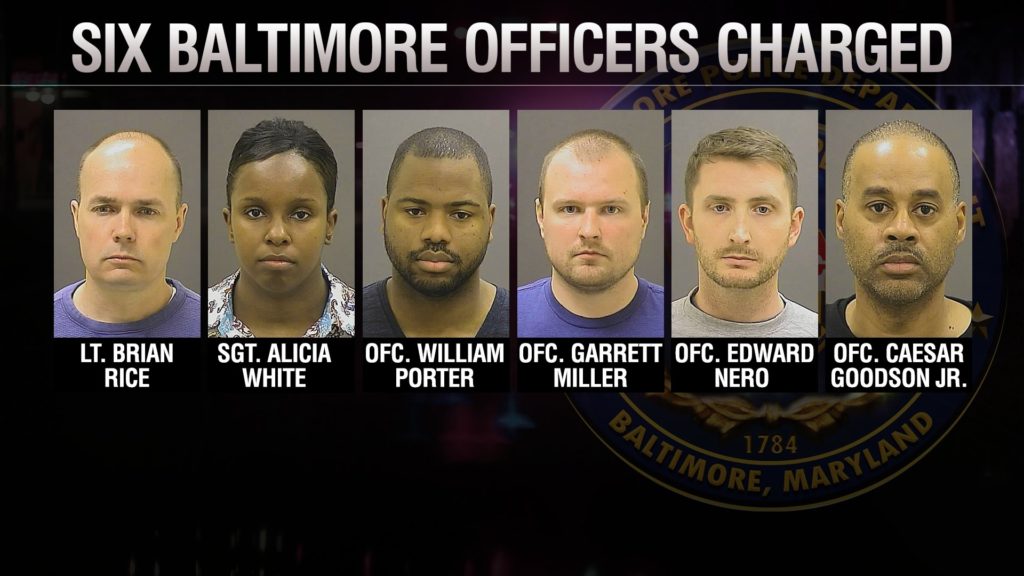 Six Baltimore, Maryland police officers, Lt. Brian Rice, Sgt. Alicia White, Ofc. William Porter, Ofc. Garrett Miller, Ofc. Edward Nero and Ofc. Caesar Goodson Jr. were charged in the death of Freddie Gray. Gray was arrested by Baltimore police on April 12, 2015 and died on April 19.